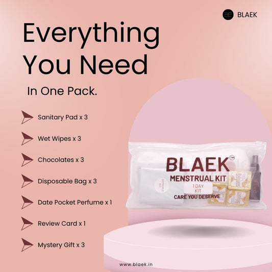 BLAEK Menstrual Kit packaging with product list on a pink background