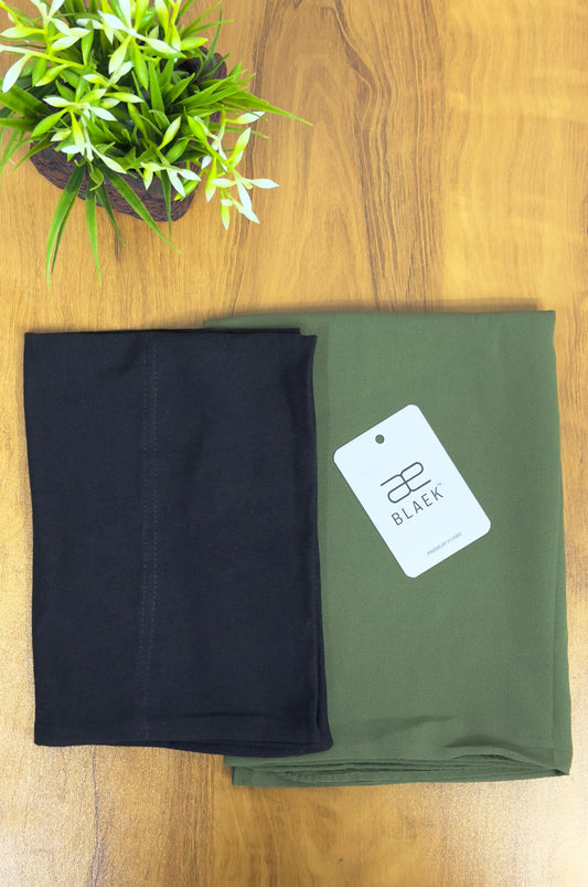 Classic olive green hijab with a fitted black cap.