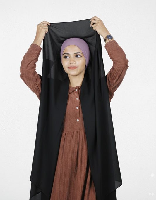 Quick-wear Black Instant Hijab with Lavender Cap in premium chiffon.
