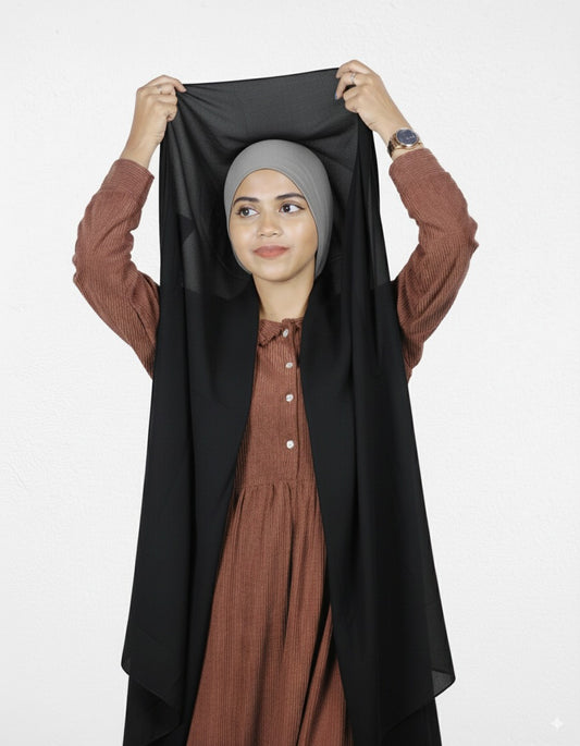 Black instant hijab with silver cap pre-stitched for daily wear.