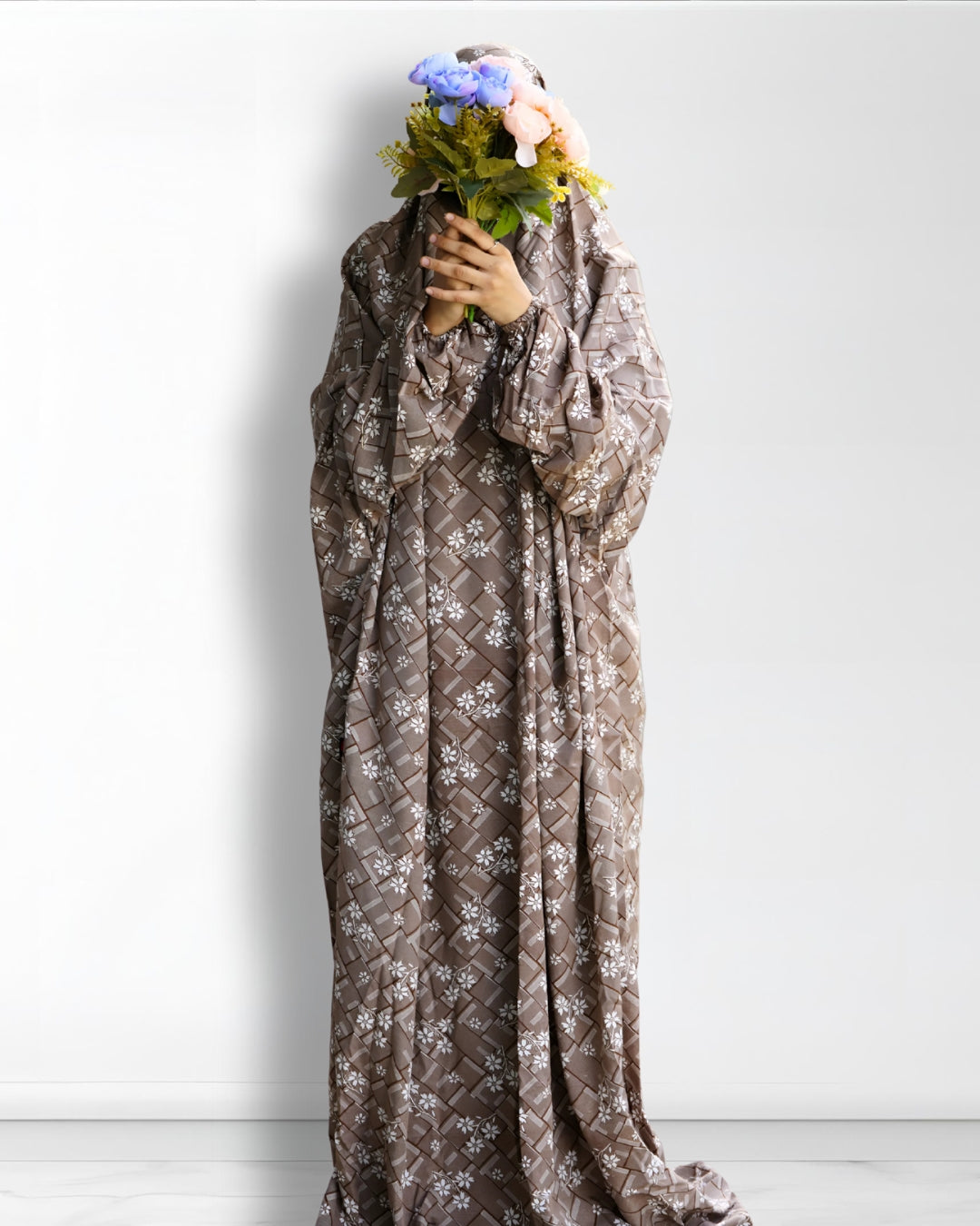 Brown floral prayer dress full-length modest outfit for women.