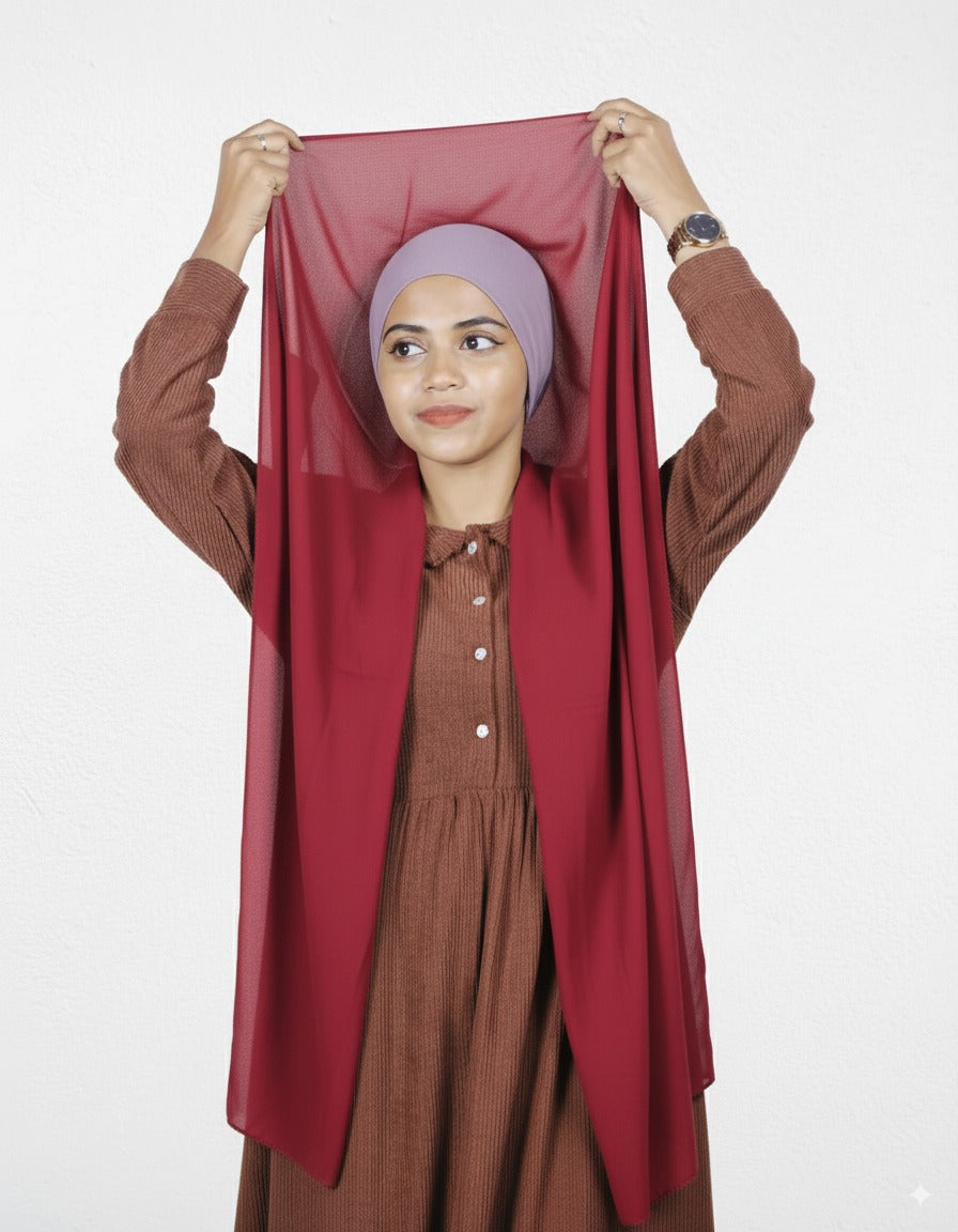 Slip-on cherry chiffon hijab with lavender cap for modest everyday style.