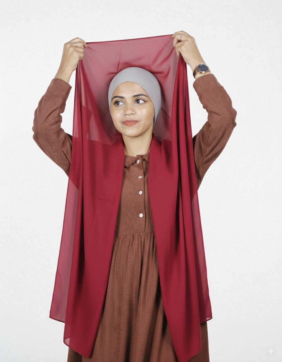 Instant hijab in cherry chiffon with silver cap for quick modest wear.