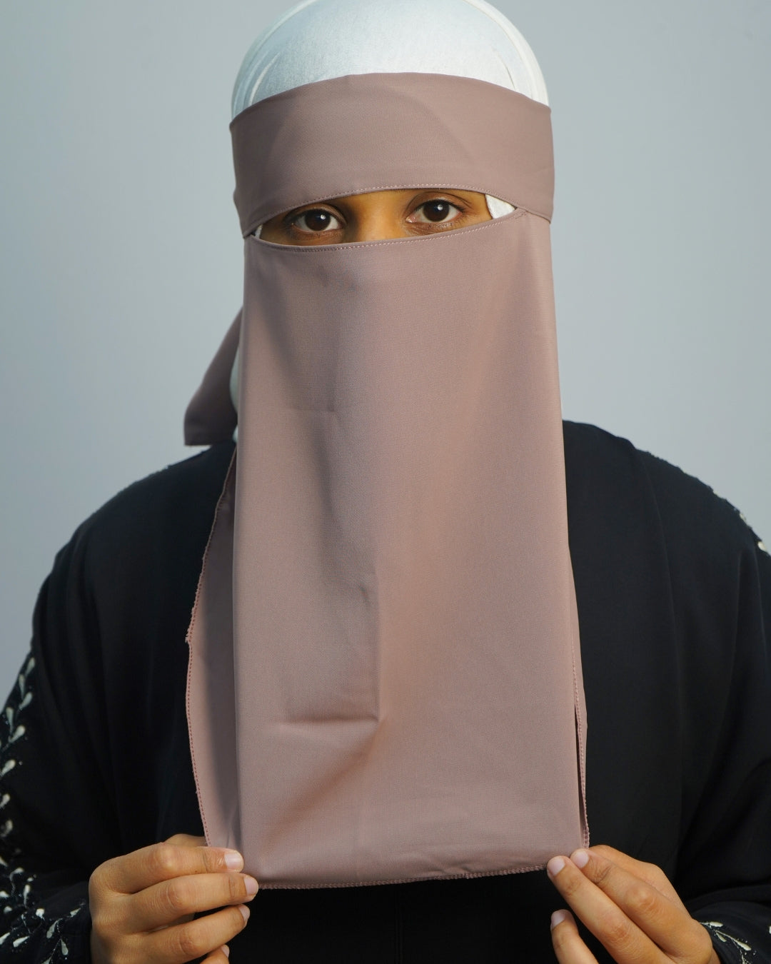 Lightweight breathable dusty brown chiffon niqab for modest daily wear.
