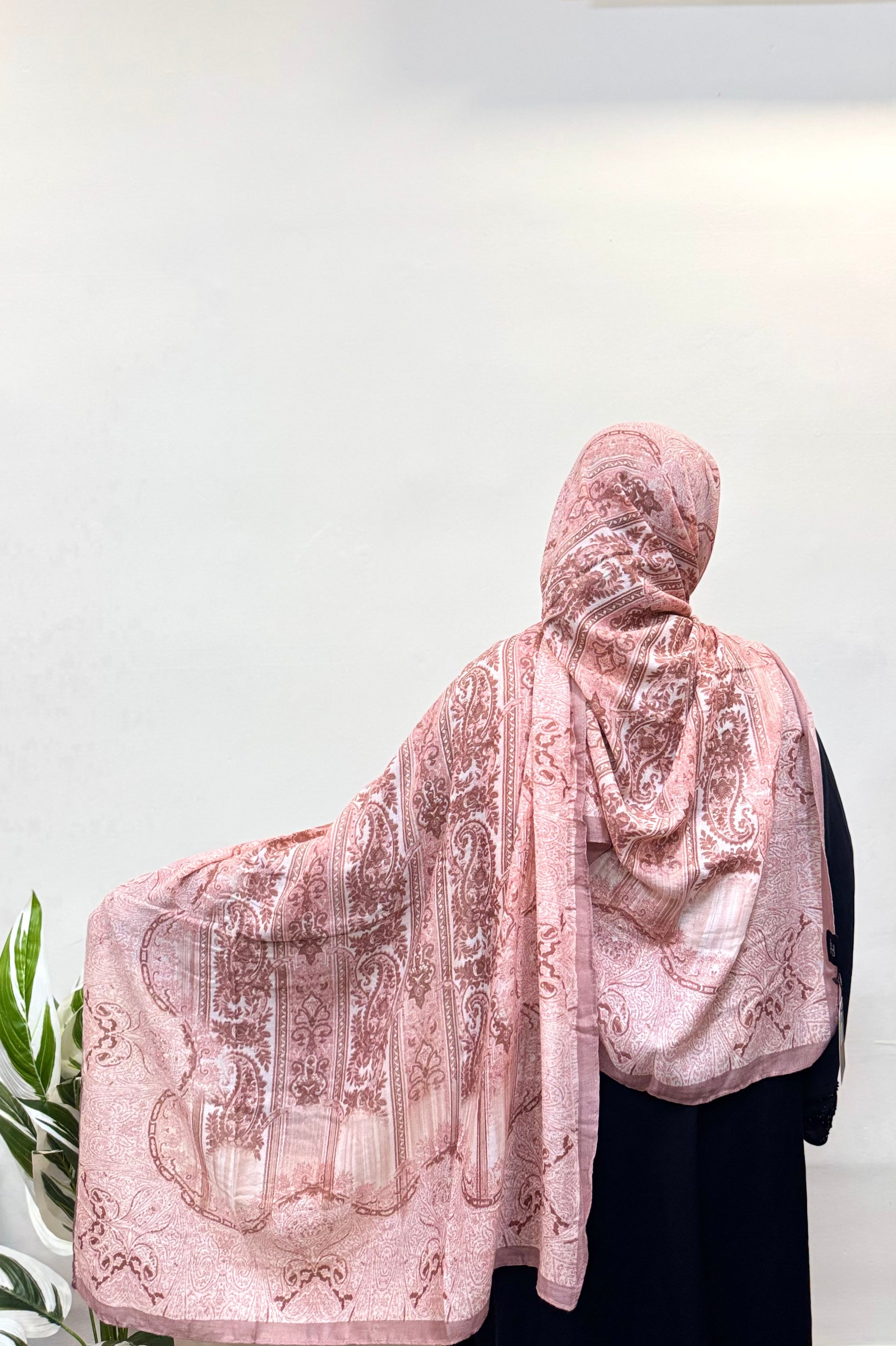 Dusty Rose Pashmina Print Premium Hijab styled with a soft, everyday wrap.