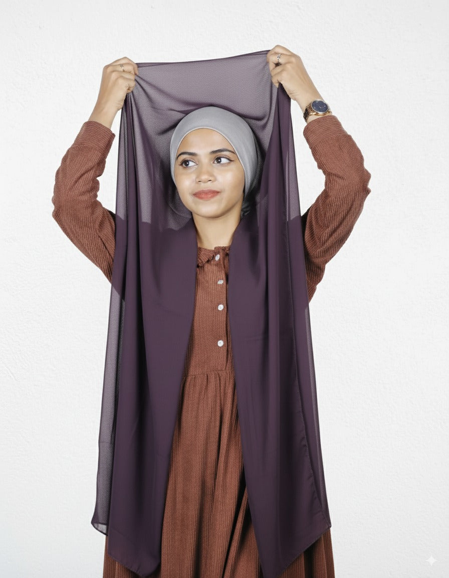Breathable eggplant instant hijab with silver cap for modest fashion.