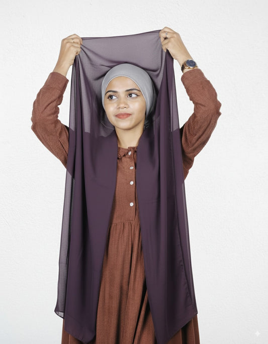 Breathable eggplant instant hijab with silver cap for modest fashion.