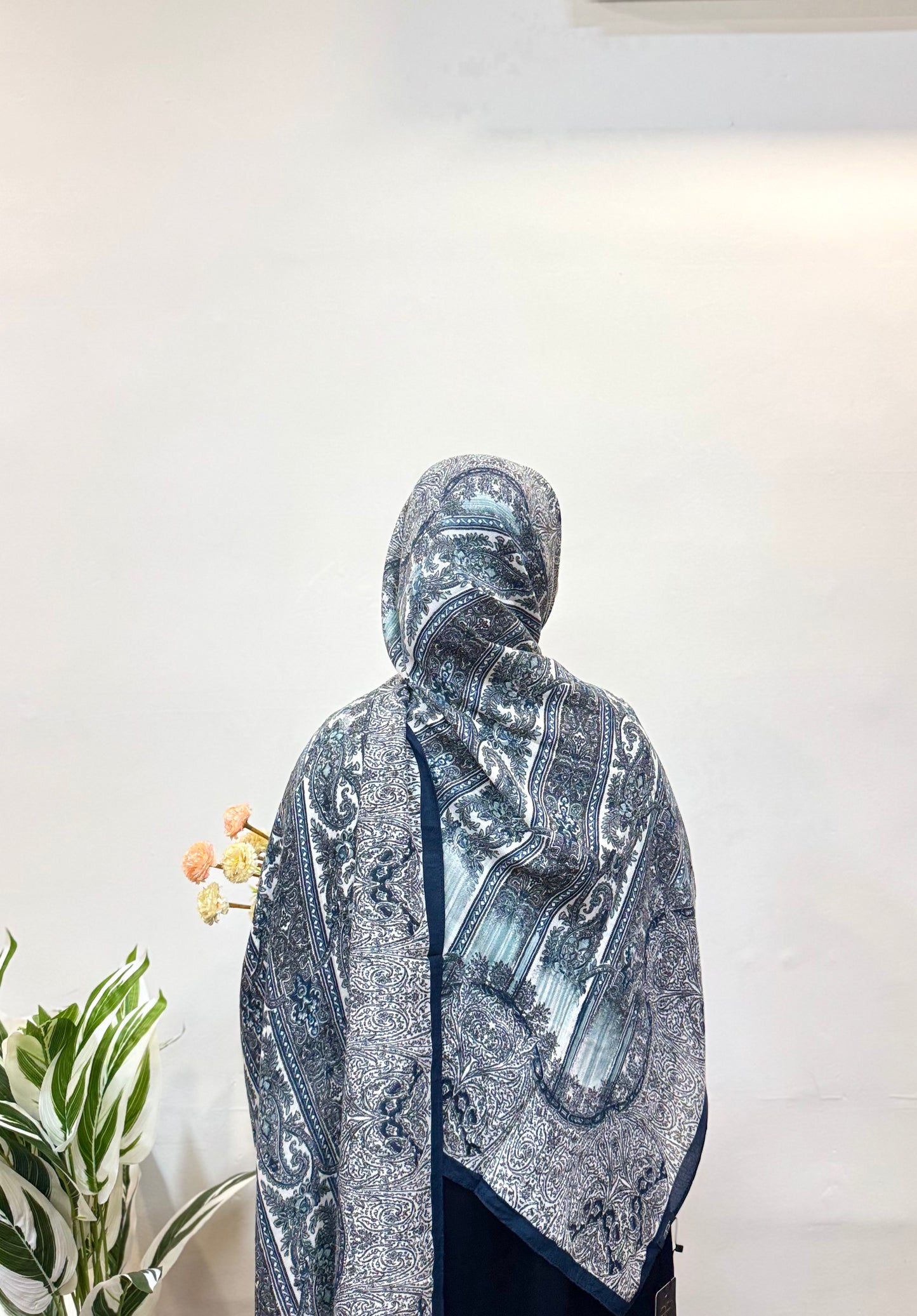 Indigo pashmina hijab with a bold, color and lightweight, comfortable feel.