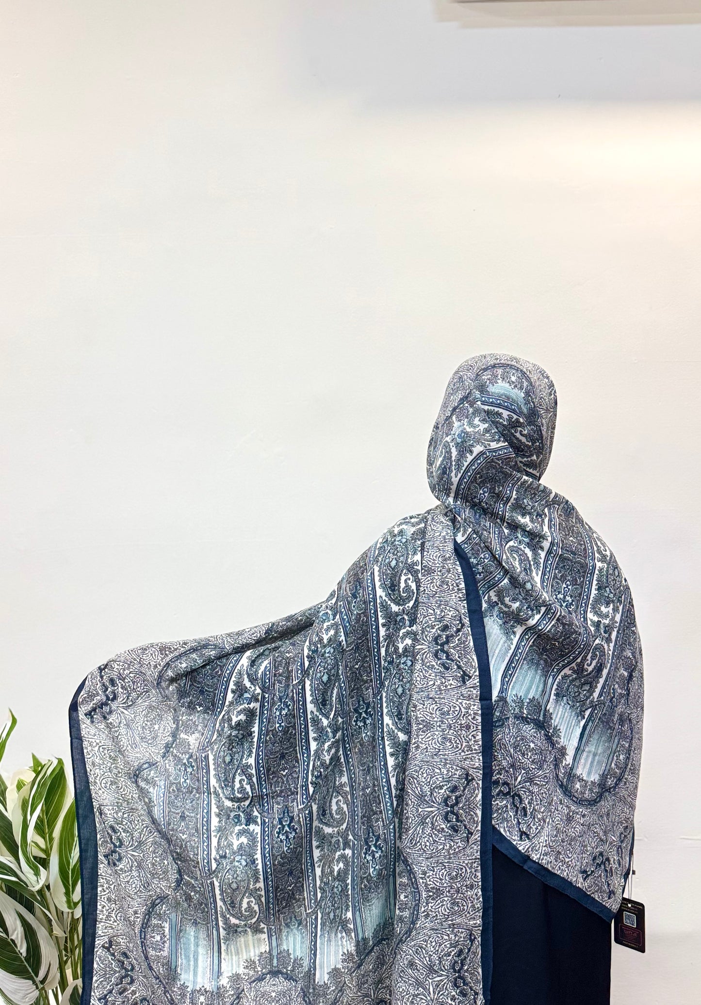 Indigo pashmina hijab with a bold, color and lightweight, comfortable feel.