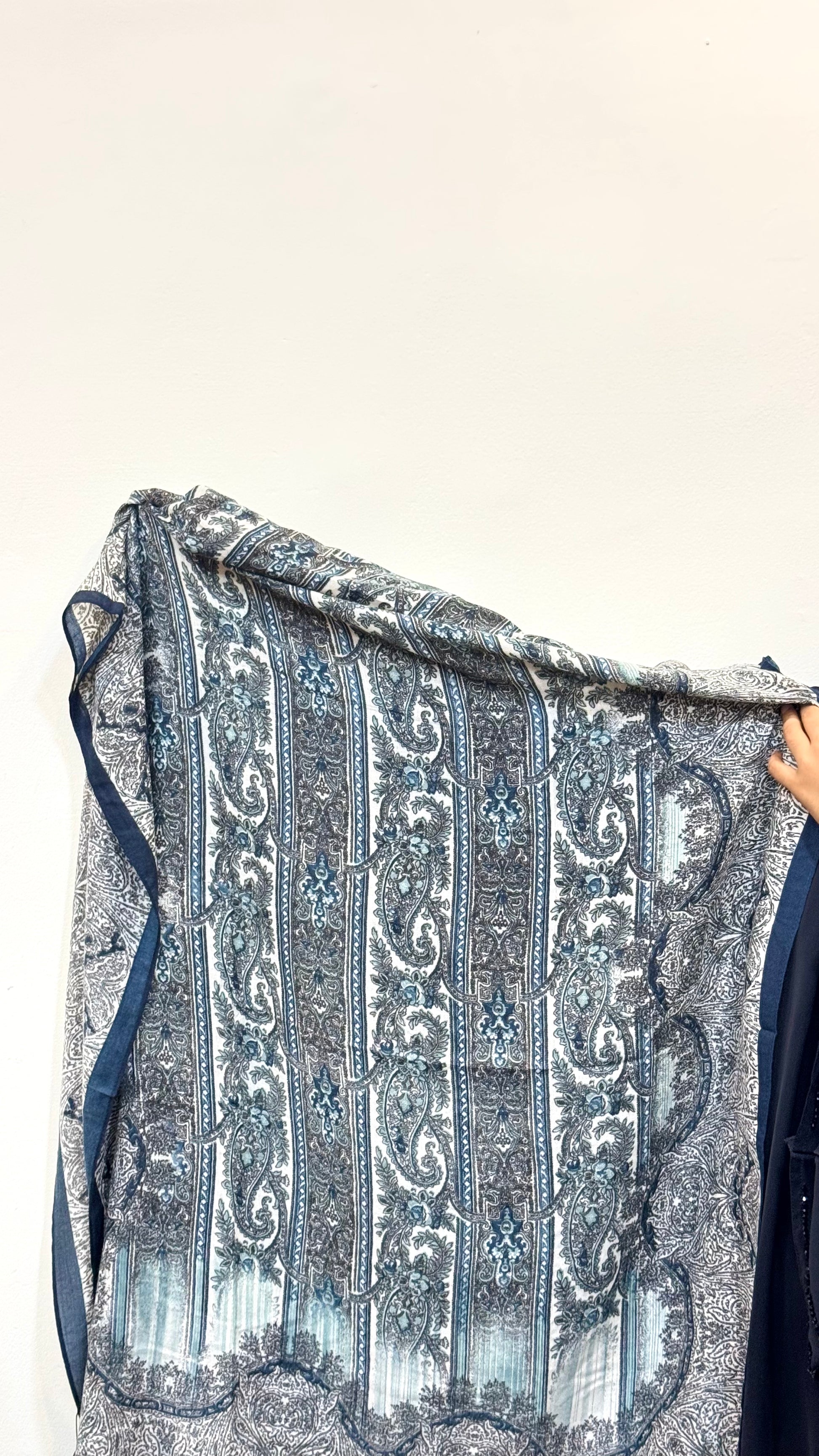 Indigo pashmina hijab with a bold, color and lightweight, comfortable feel.