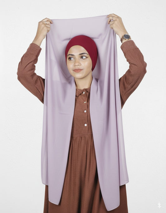 Lavender with Cherry Cap Instant Hijab pre-stitched for quick wear.