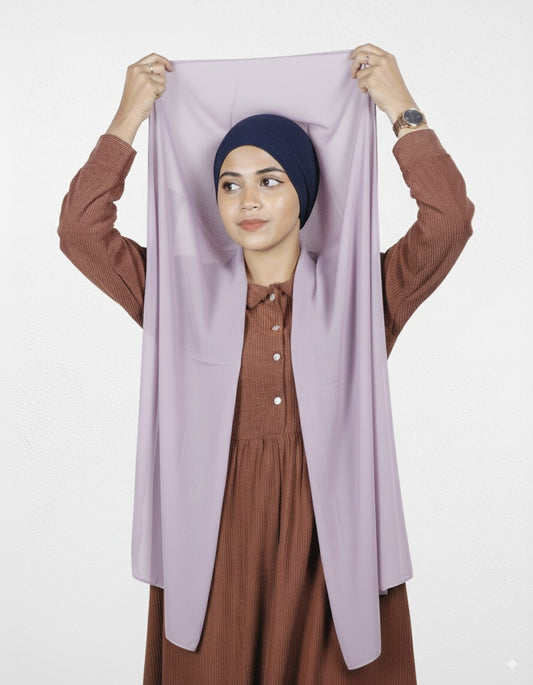 Close up of lavender instant hijab showing fine stitching and built in cap.