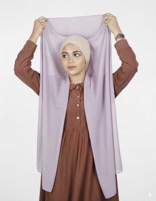 Lavender chiffon instant hijab with vanilla cap for modest fashion.