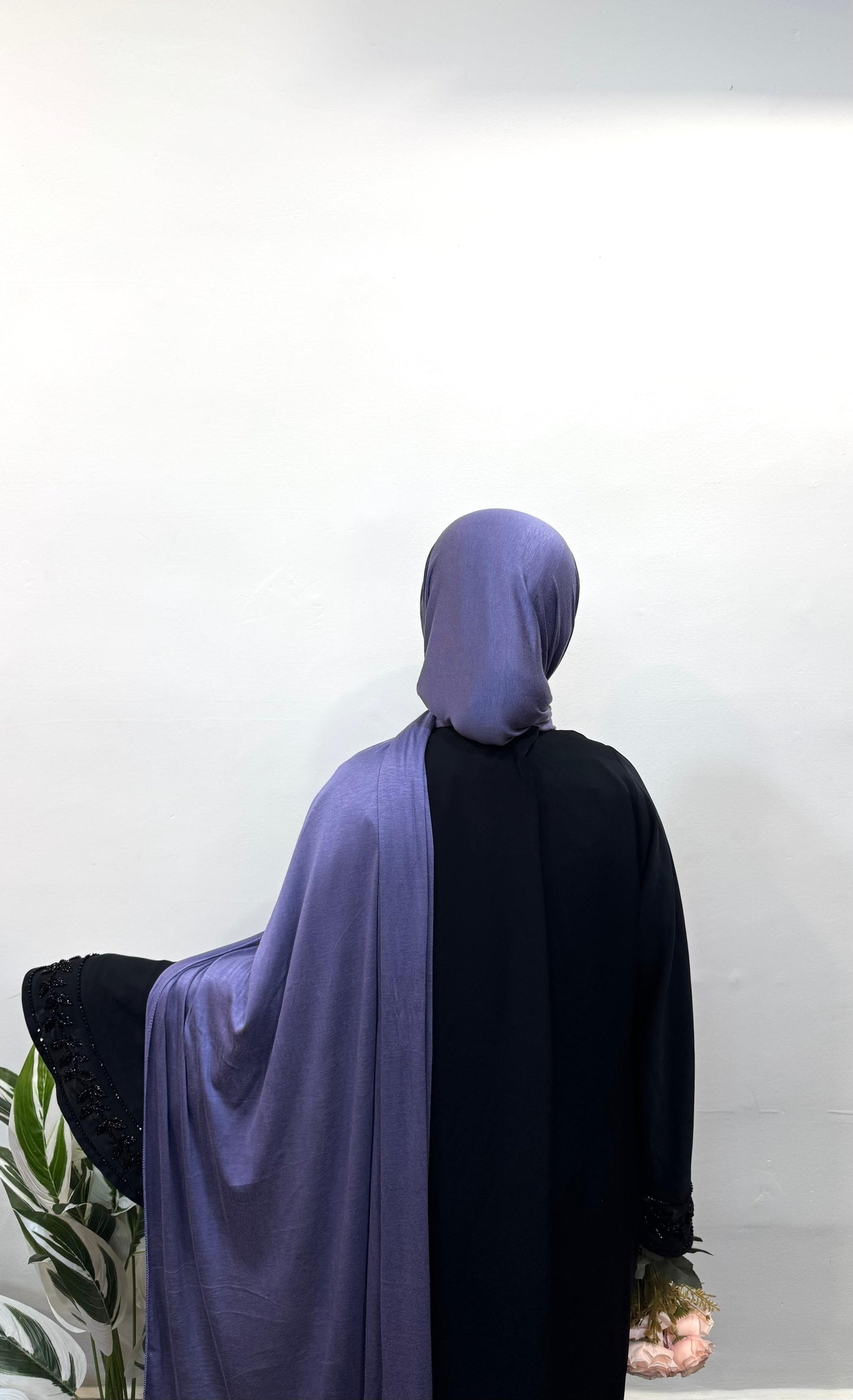 Liberty shade jersey hijab flowing elegantly down the back.