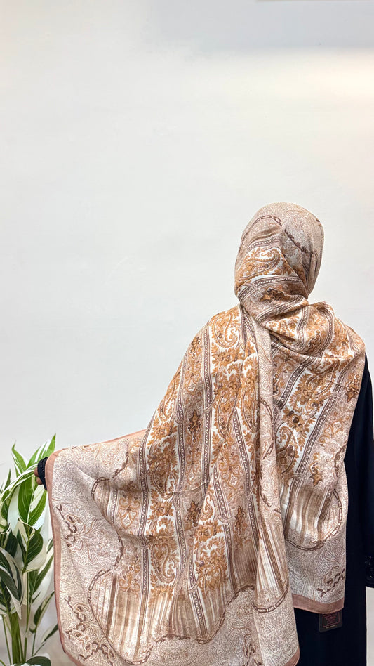 Light Brown Pashmina Print Premium Hijab worn in a snug wrap, highlighting its smooth flow and elegant coverage.