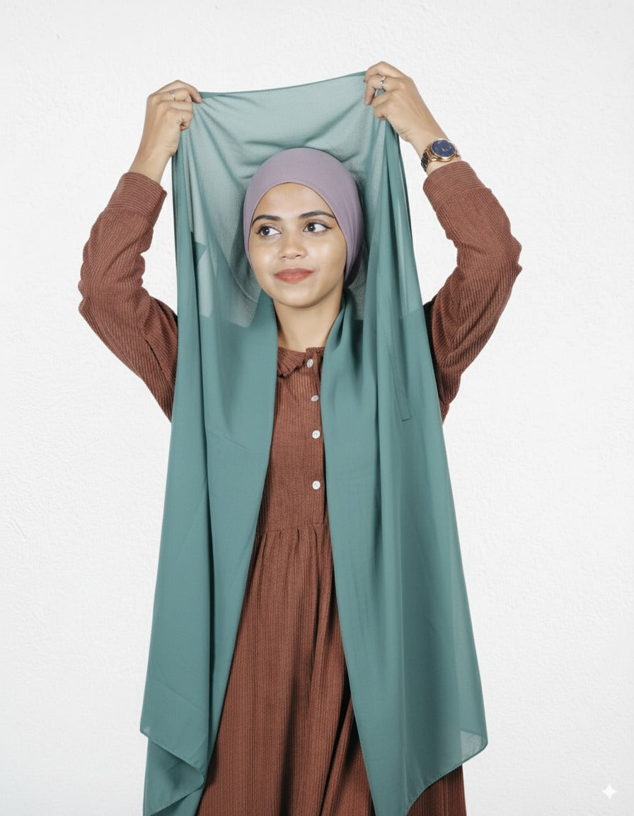 Stylish mint green hijab with lavender cap, premium chiffon instant hijab design.