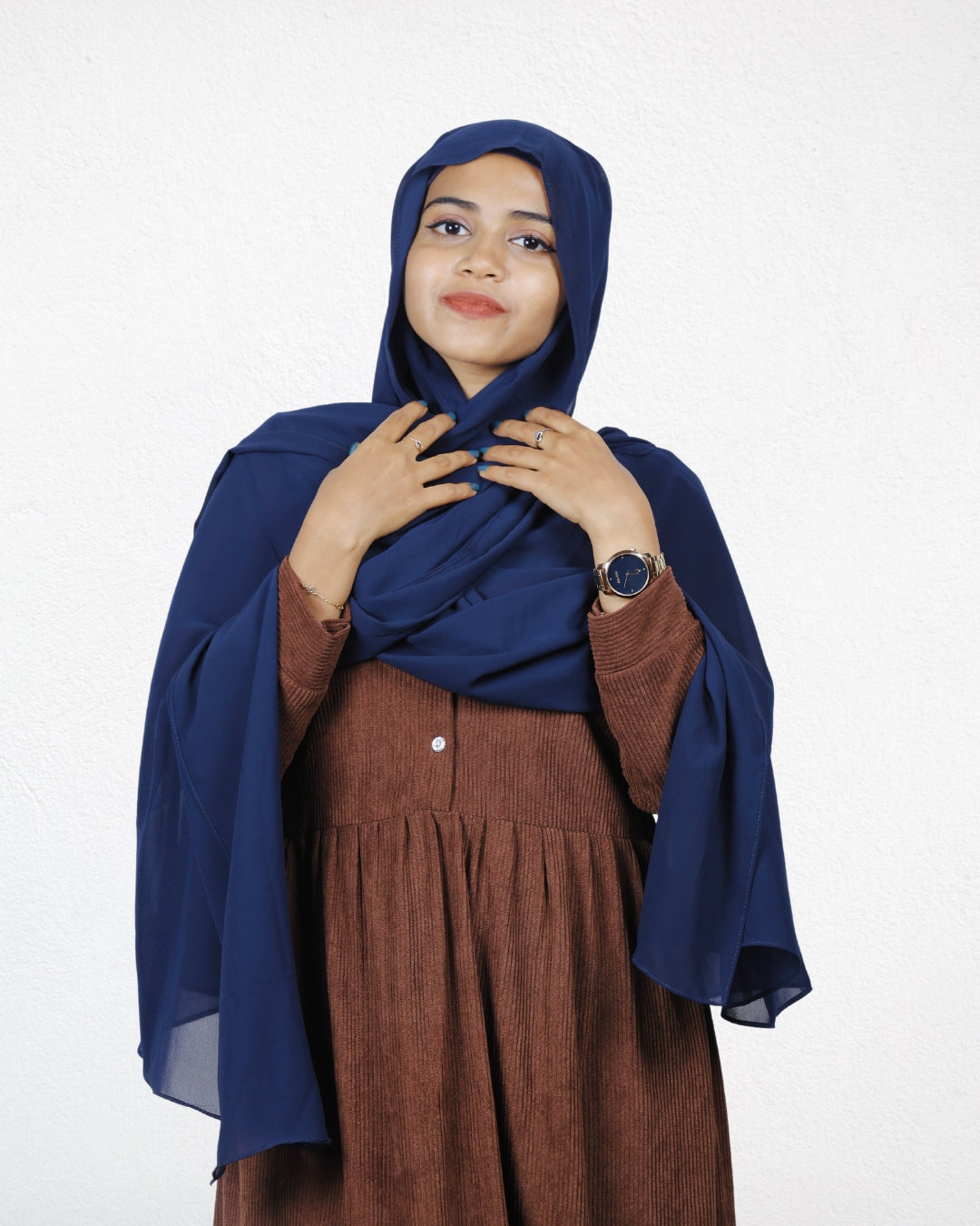 Woman wearing Navy Blue Instant Hijab styled for a modest and easy look.