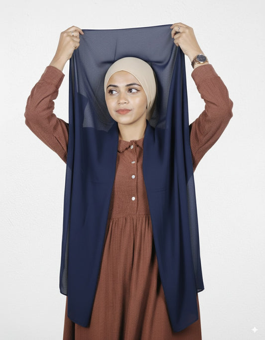 Pre-stitched Navy Blue Instant Hijab with Vanilla Cap for Easy Wear.