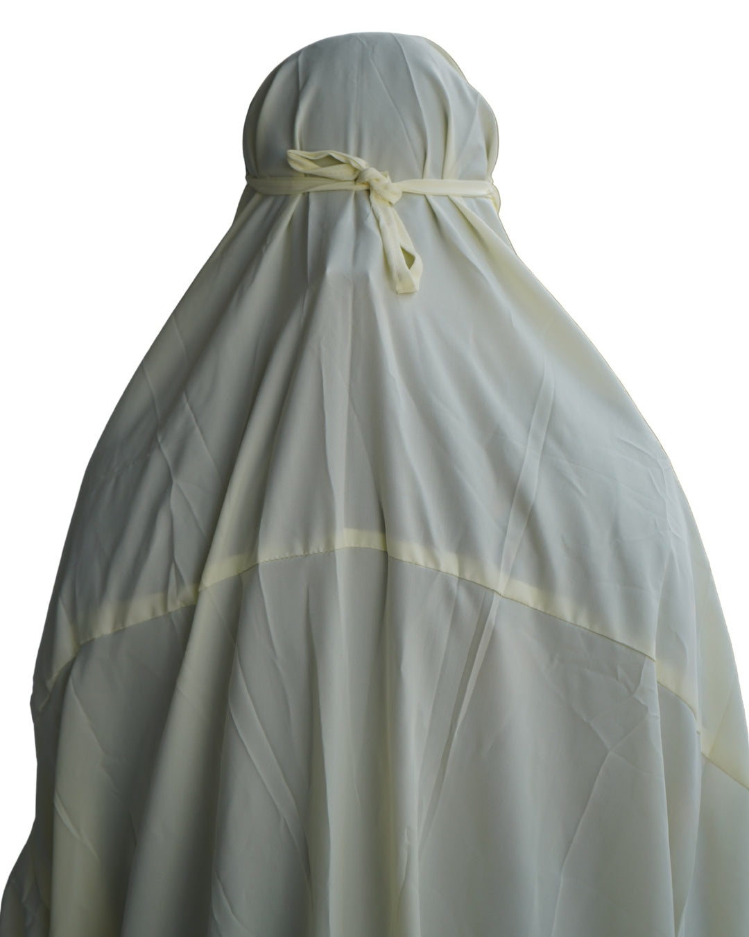 Off white polyester lycra abaya-style prayer dress back view with adjustable tie.