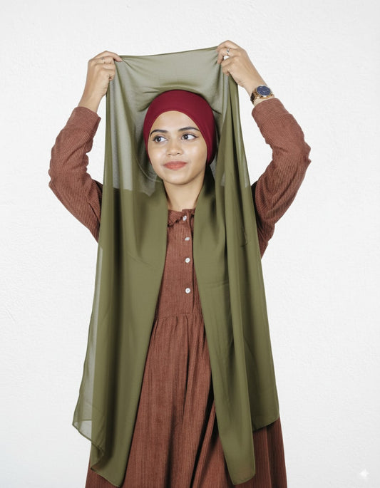 Pre-stitched olive green hijab with cherry cap for modest fashion.