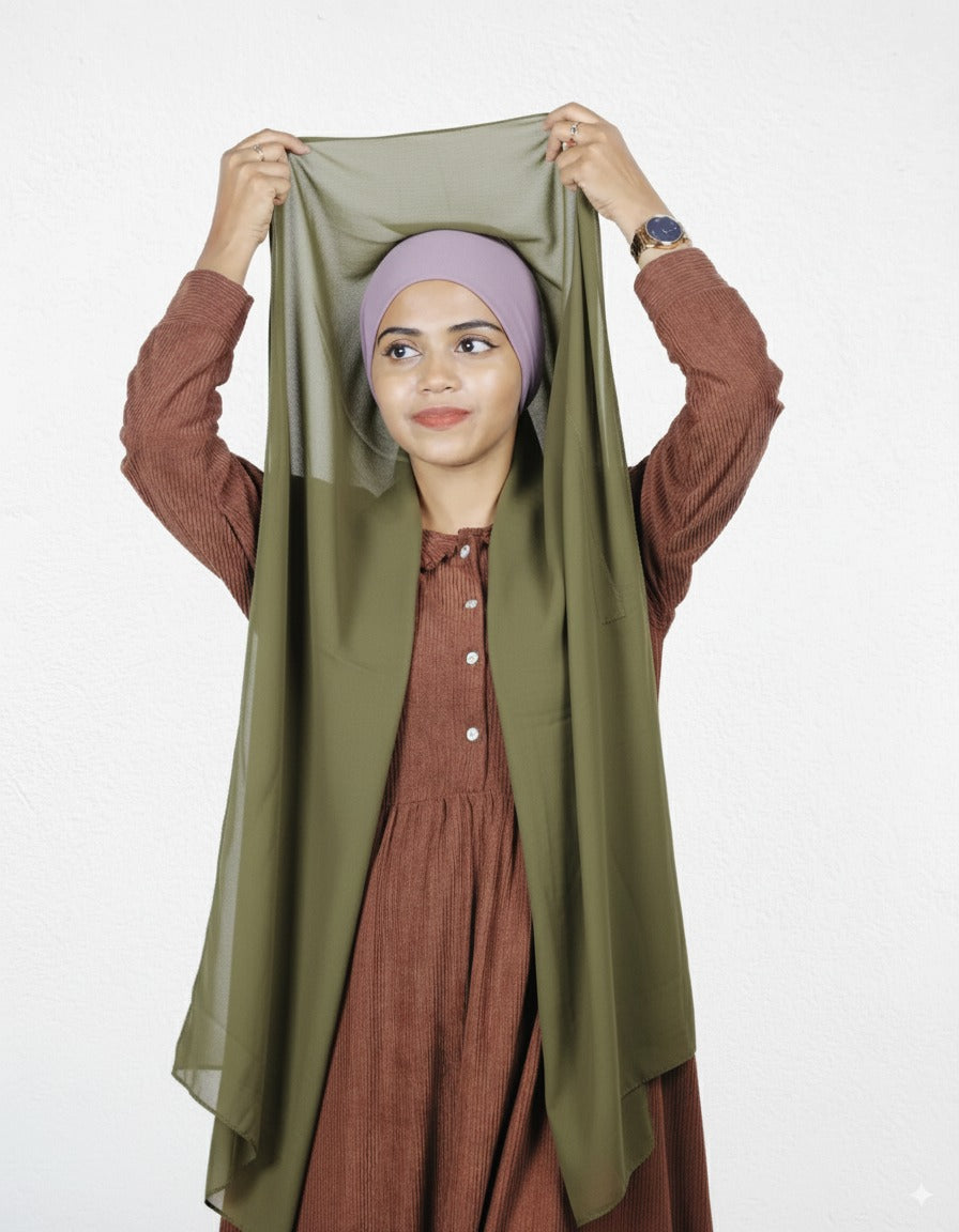 Olive green instant hijab with lavender cap made from Malaysian chiffon.
