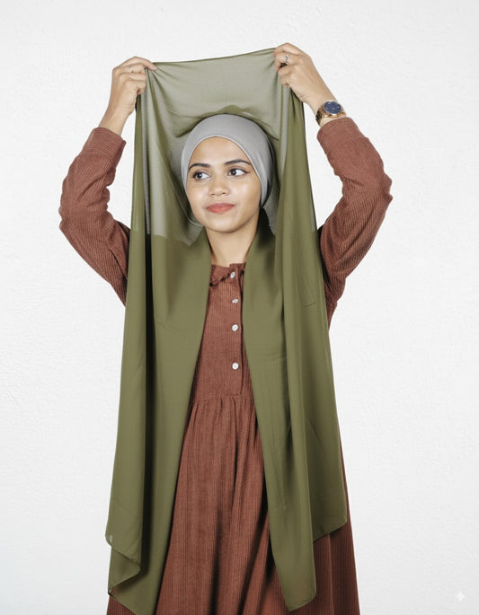 Olive green instant hijab with silver cap in premium chiffon.