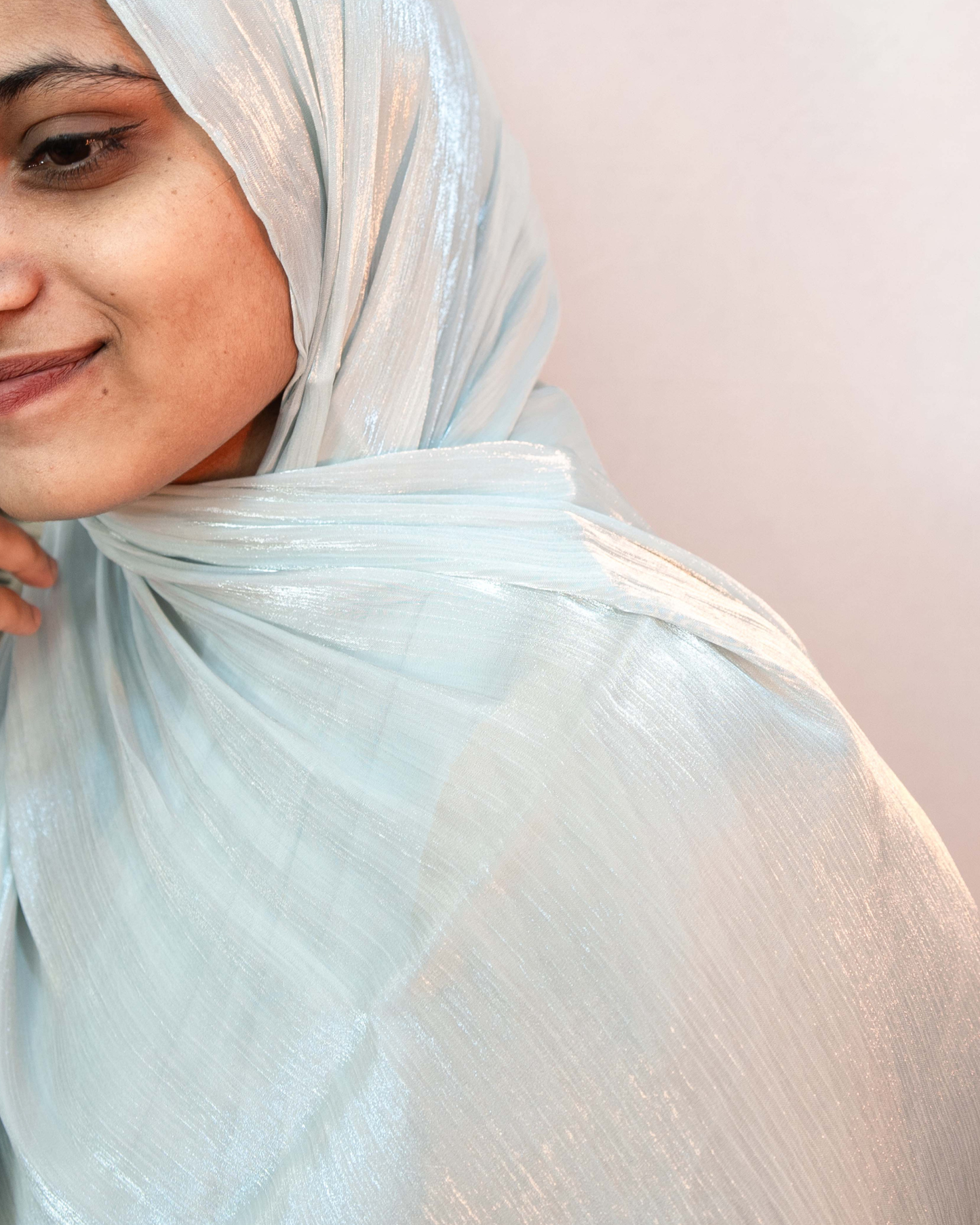 Pearl silver shimmer hijab luxury soft fabric modest scarf close up texture