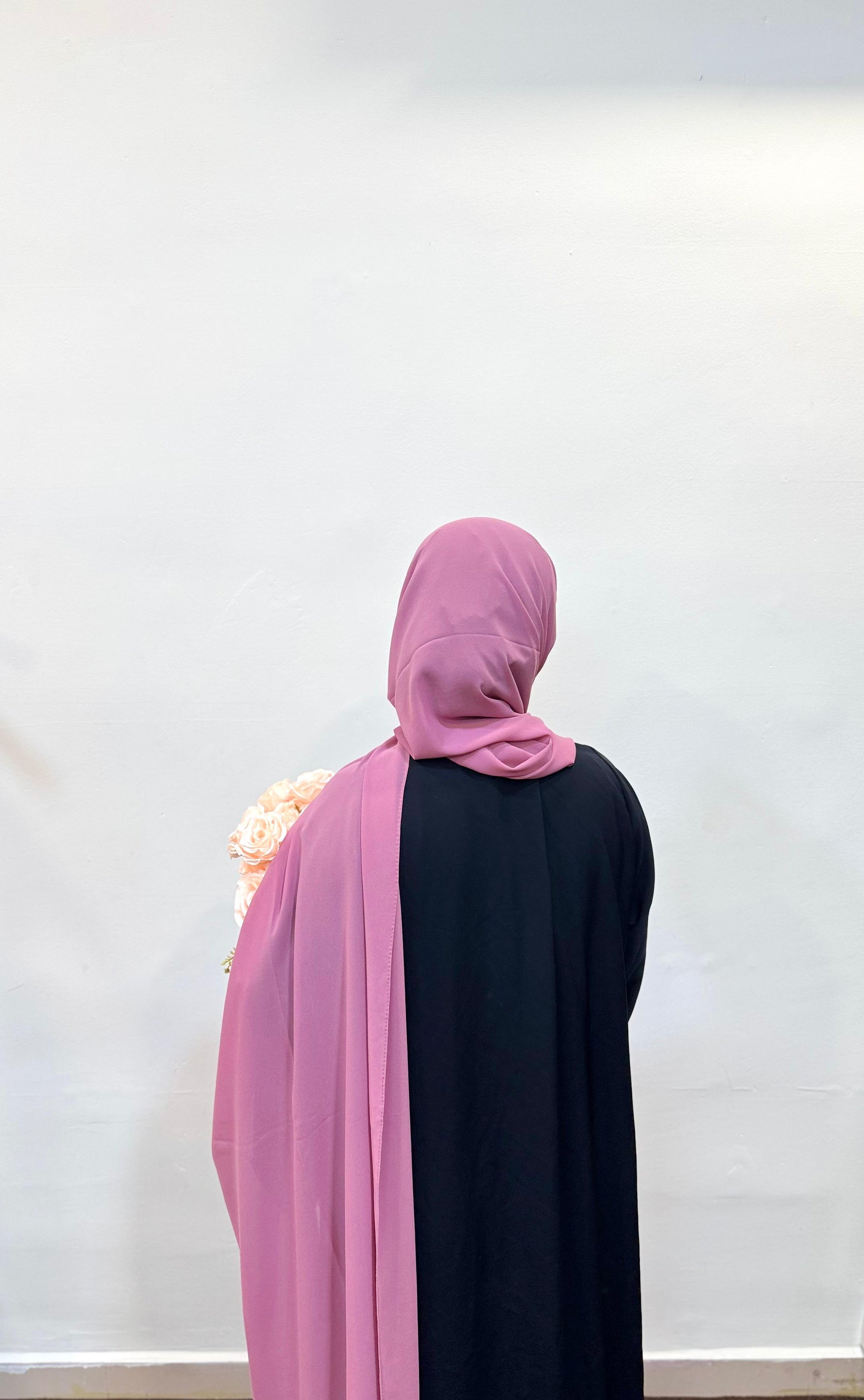 Chiffon scarf in soft puce shade, styled effortlessly over a simple look.