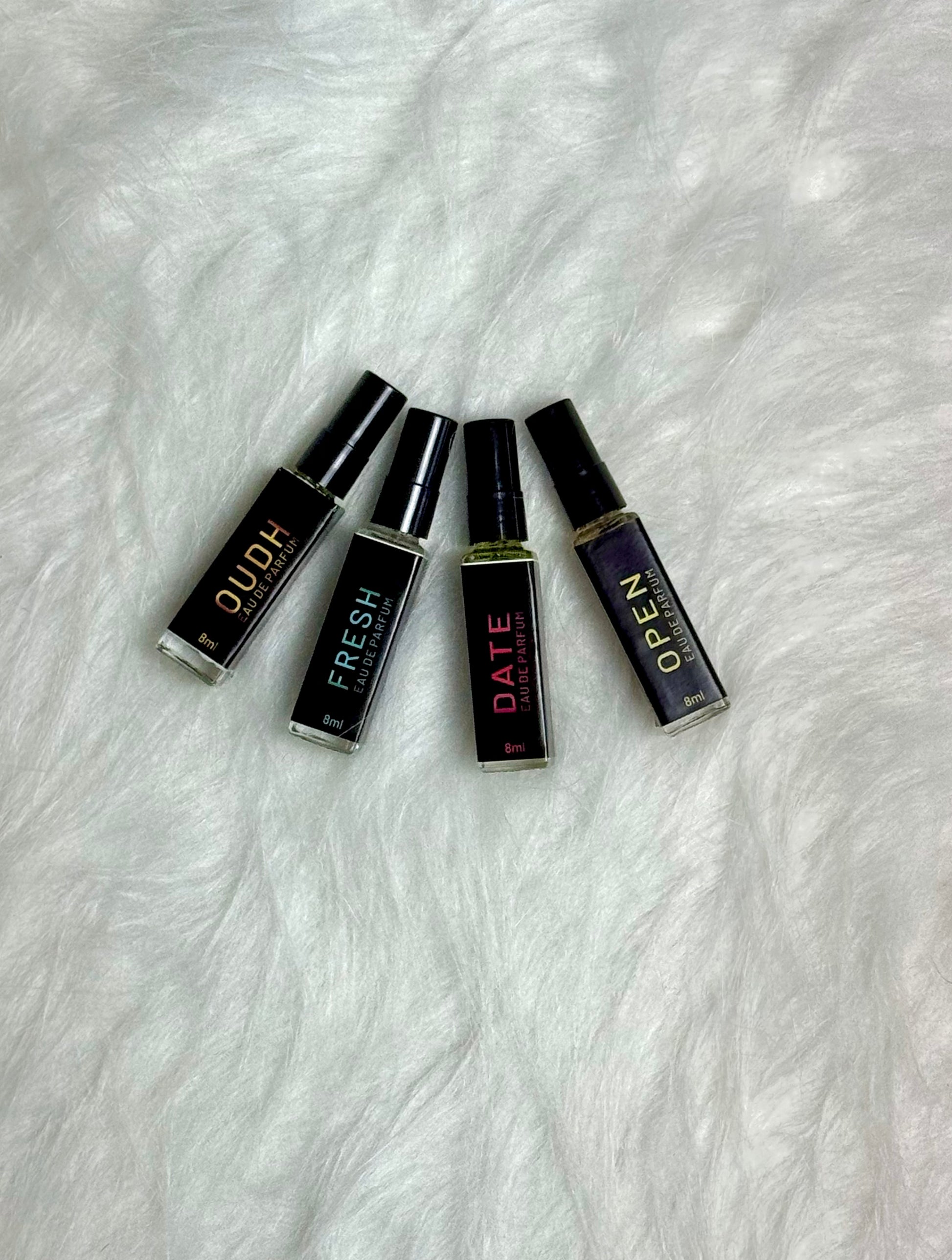 Sample Perfume Combo 8ml shown in a flat layout with Oudh, Fresh, Date, and Open perfumes.