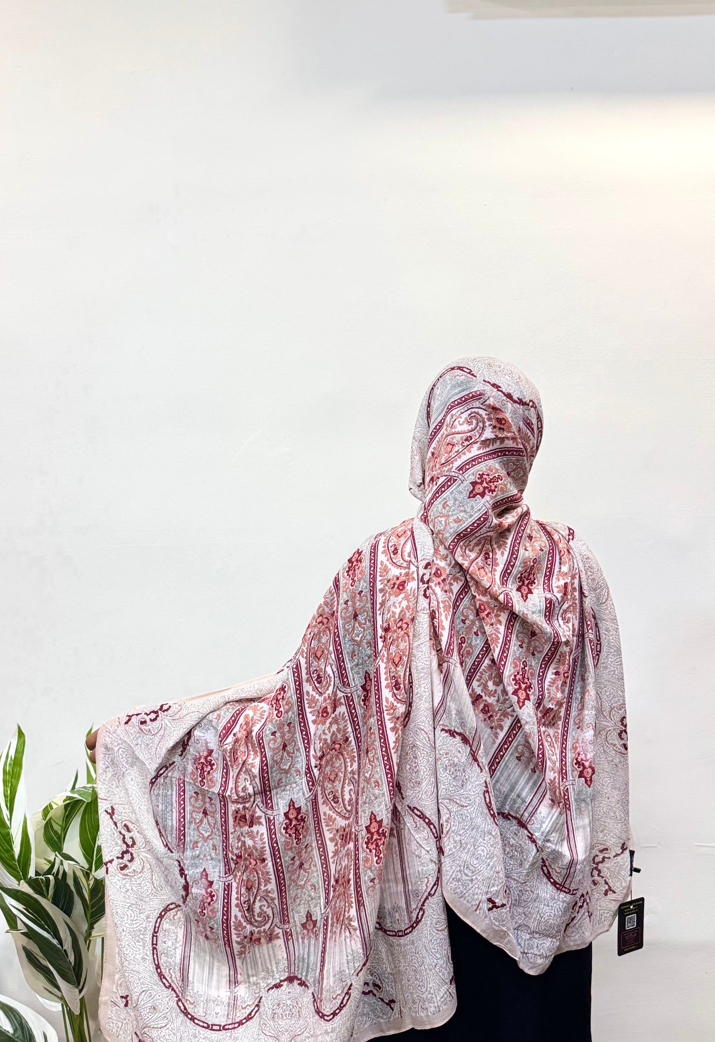 Back view of the Silver - Raspberry Pashmina Print Premium Hijab, showing its rich print and fine texture.