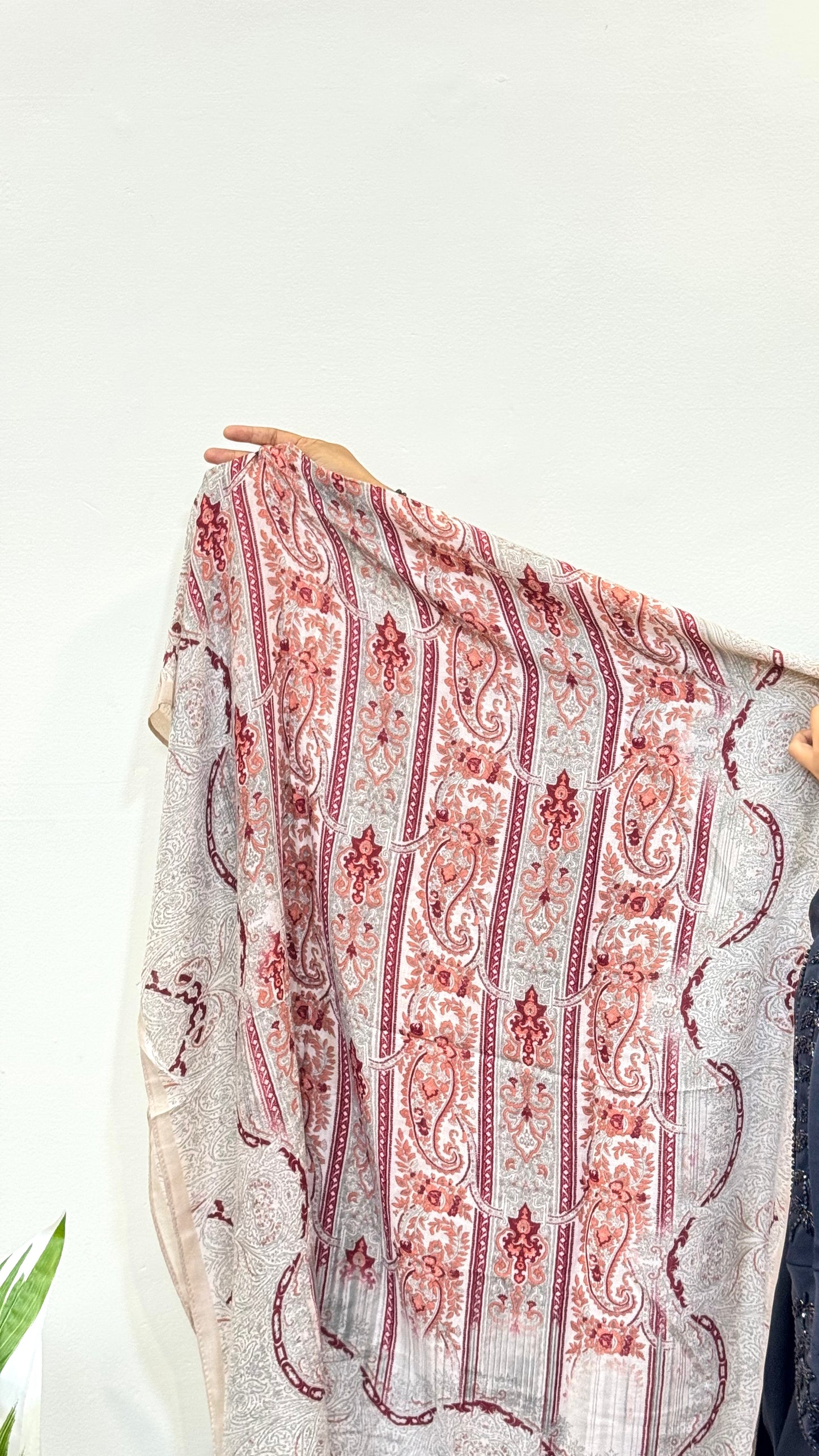 Close-up of the Silver - Raspberry Pashmina Print Premium Hijab, highlighting its soft, luxurious material.