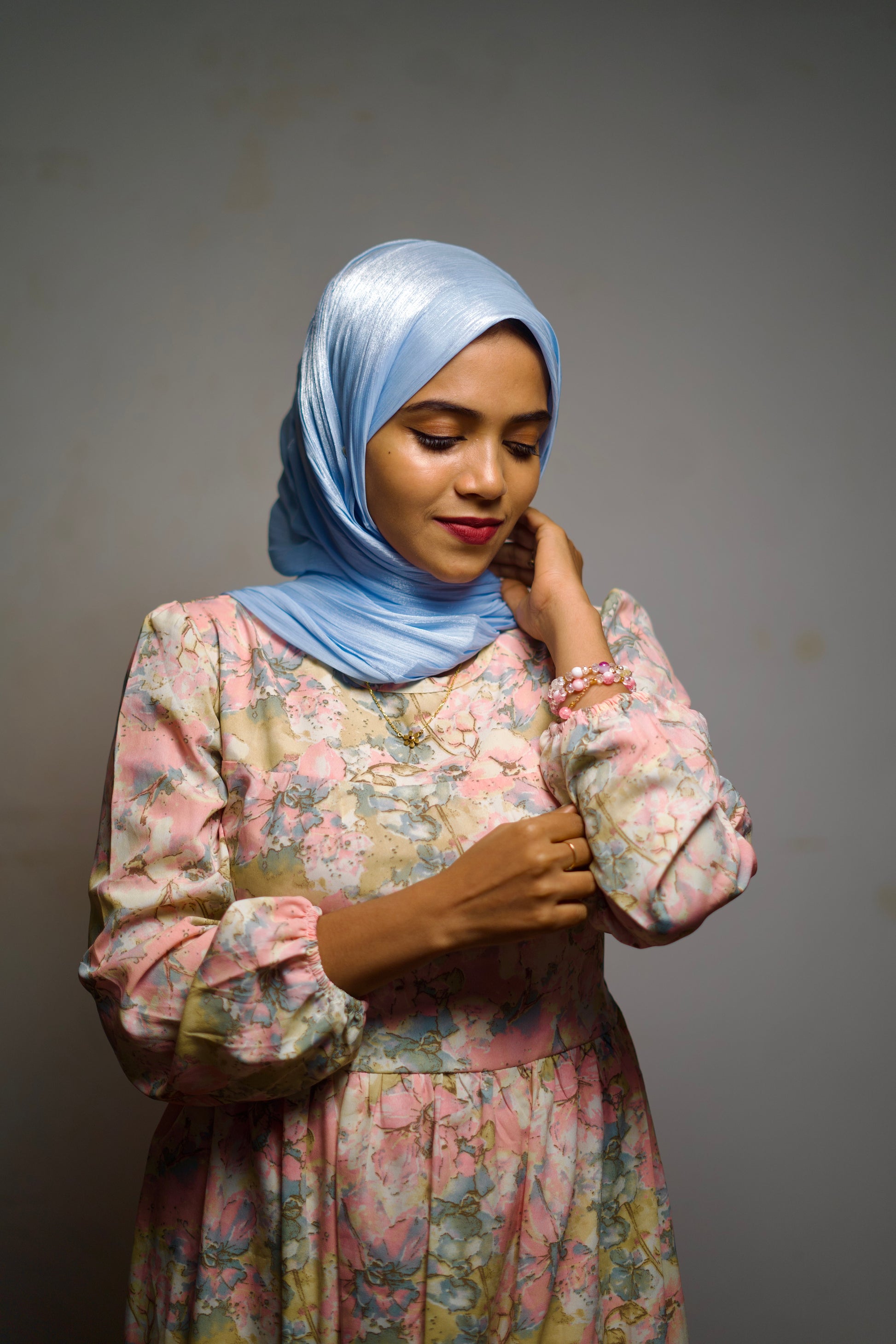 Chiffon shimmer hijab in sky blue, adding a delicate sparkle to the look.