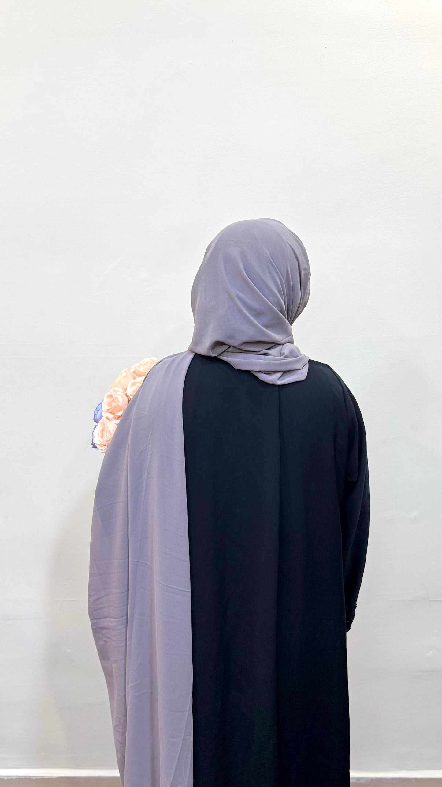 Smoke grey chiffon scarf paired with a black pardha for a modern modest look.
