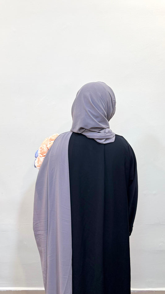 Smoke grey chiffon scarf paired with a black pardha for a modern modest look.