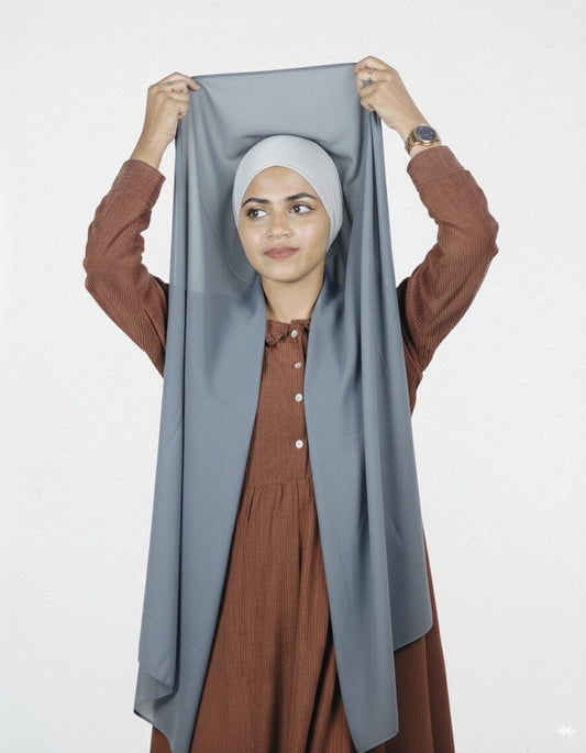 Smoke with silver cap instant hijab made from premium Malaysian chiffon.