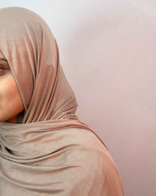 Close up taupe brown jersey hijab smooth jersey fabric lightweight modest scarf