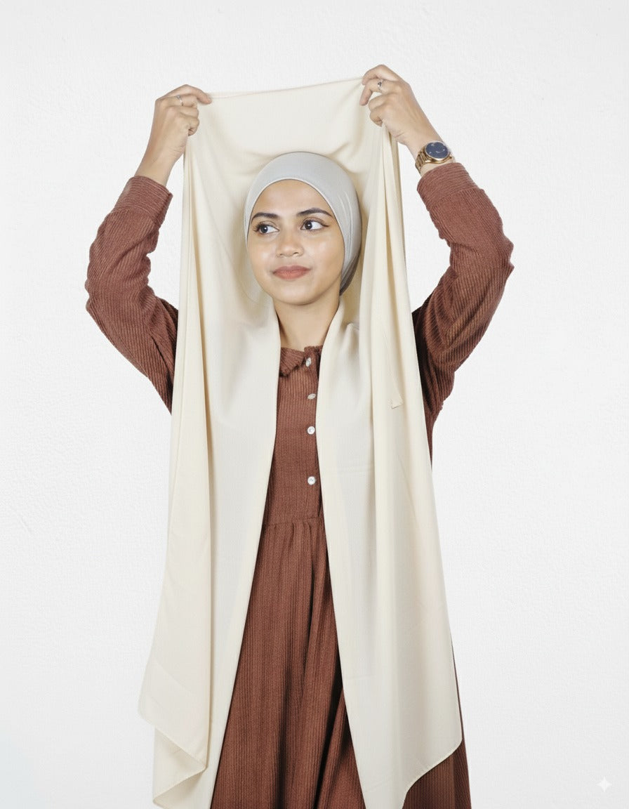 Comfortable Vanilla Instant Hijab with Silver Cap in soft chiffon material.