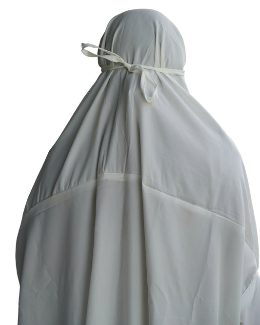 White polyester lycra abaya-style prayer dress back view with adjustable tie.