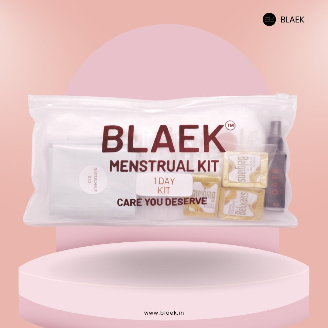 Front view of 1-Day Period Kit bag with sanitary pad, wet wipes, chocolates, and accessories