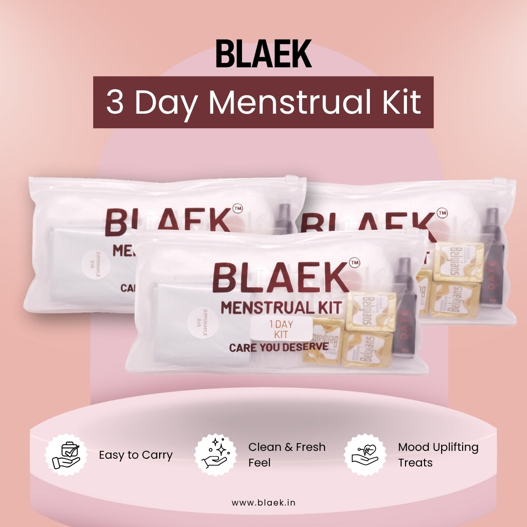 BLAEK 3 Day Menstrual Kit packaging on a pink background