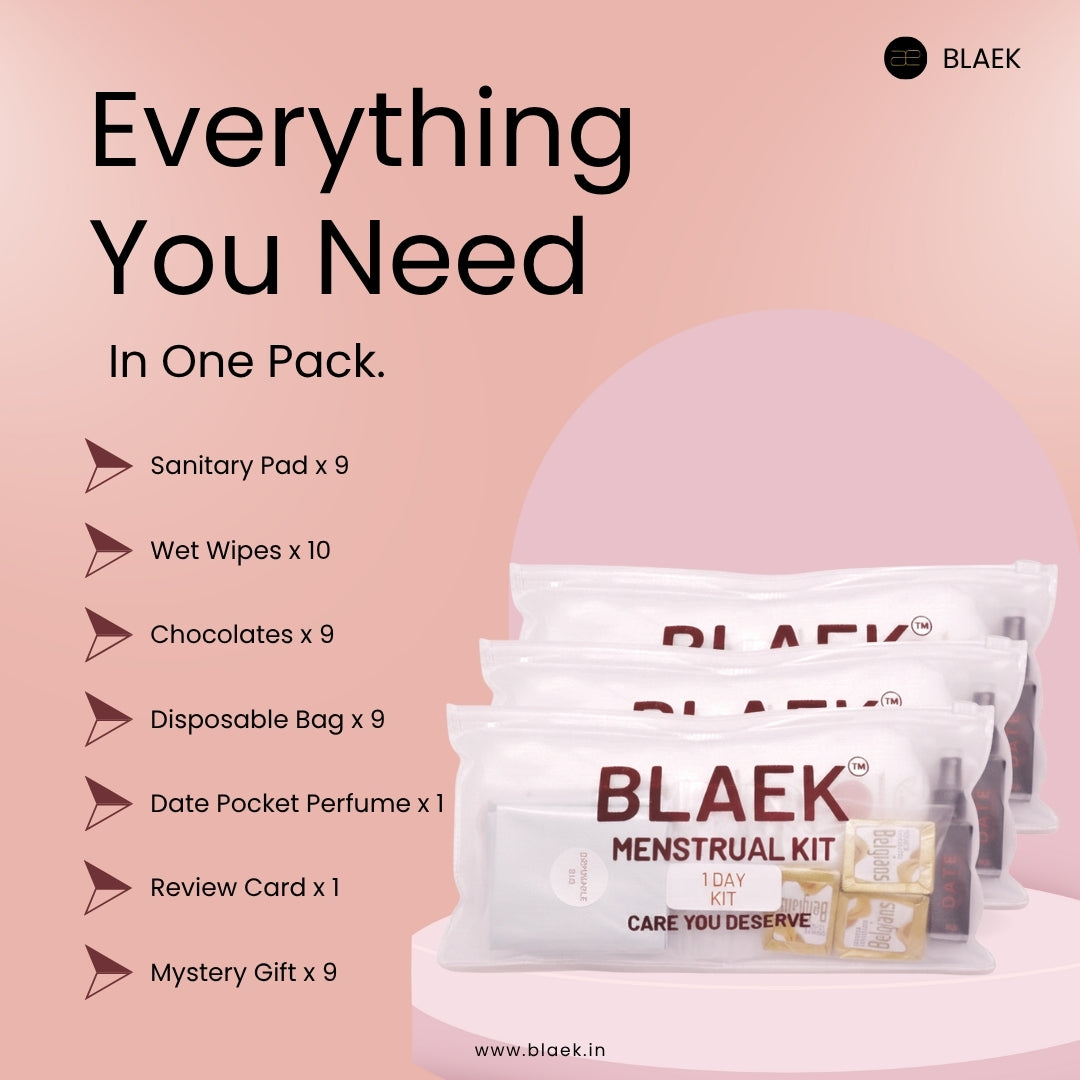 BLAEK Menstrual Kit packaging with product list on a pink background