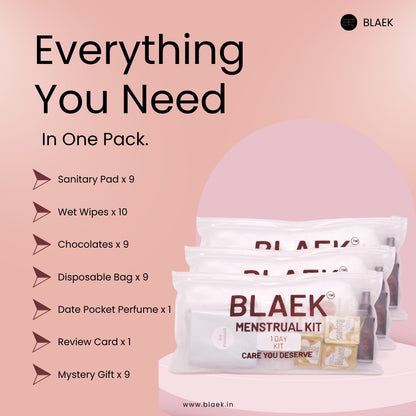 BLAEK Menstrual Kit packaging with product list on a pink background