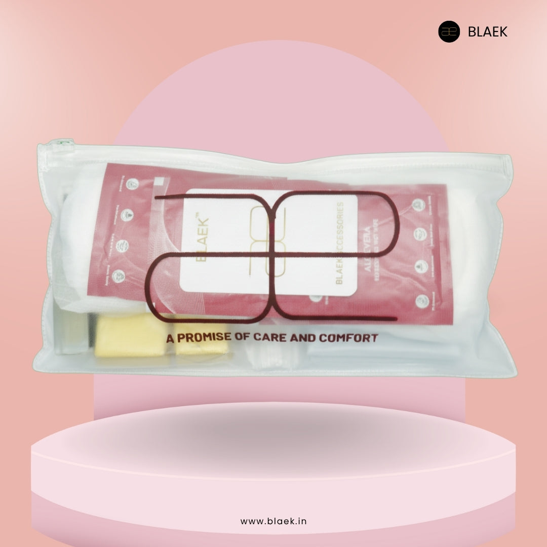 Back view of BLAEK Menstrual Kit showing packaging and included items.