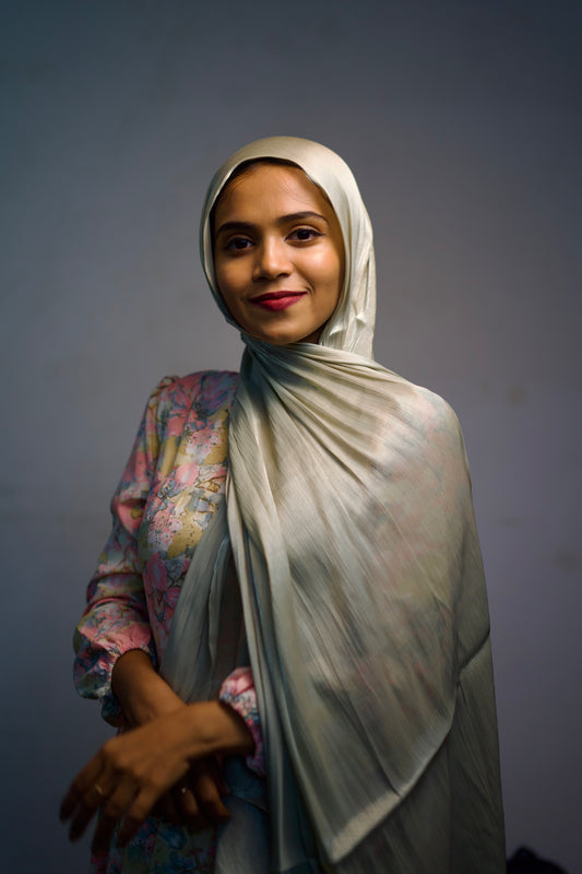 Artichoke Shimmer Hijab worn with a soft, natural wrap and light shine.
