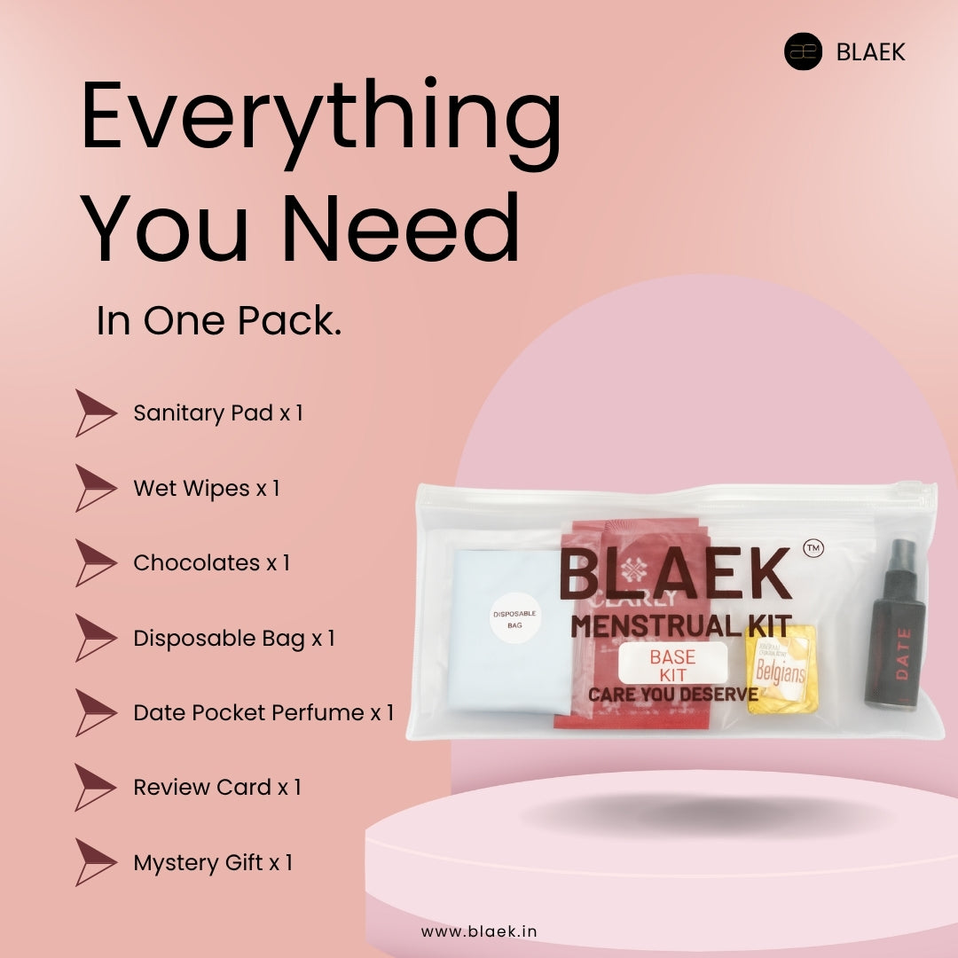 BLAEK Menstrual Kit packaging with product list on a pink background