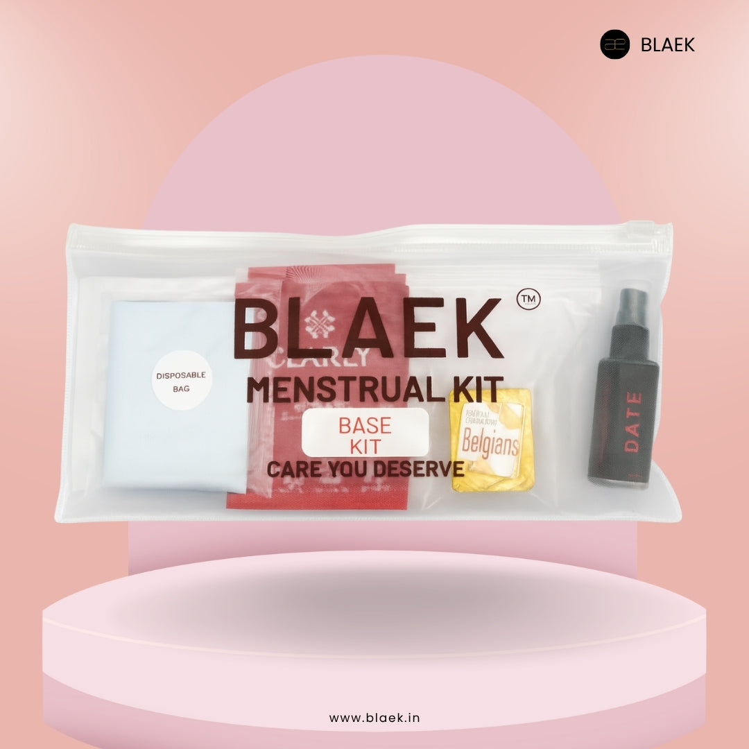 Front view of BLAEK Base Period Kit bag with sanitary pad, wet wipe, chocolate, and perfume.