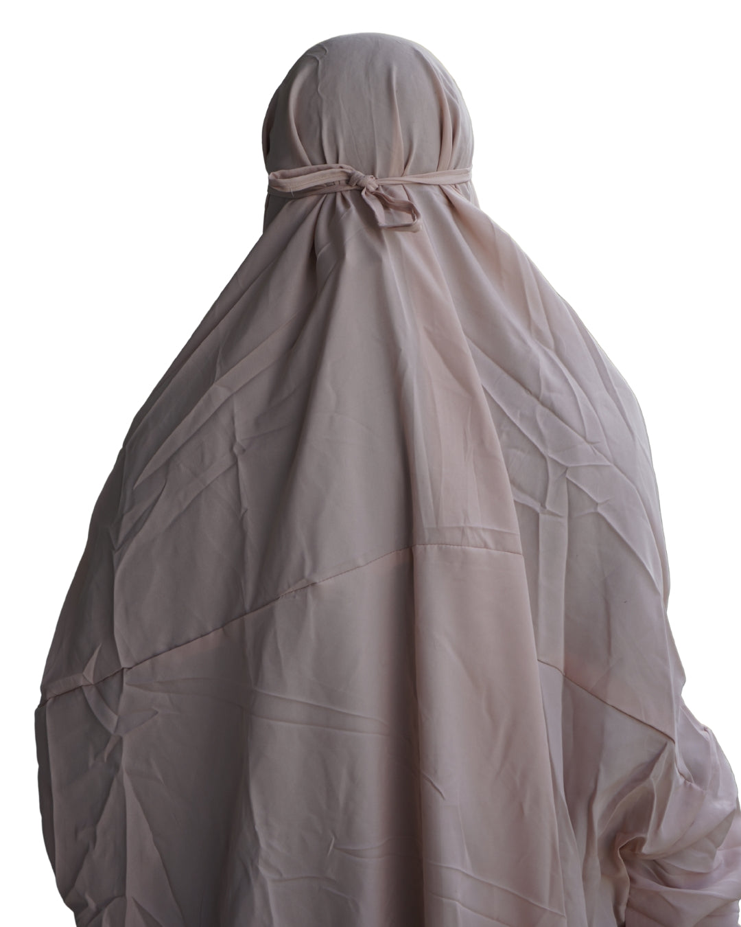 Beige polyester lycra prayer dress back view with adjustable tie.