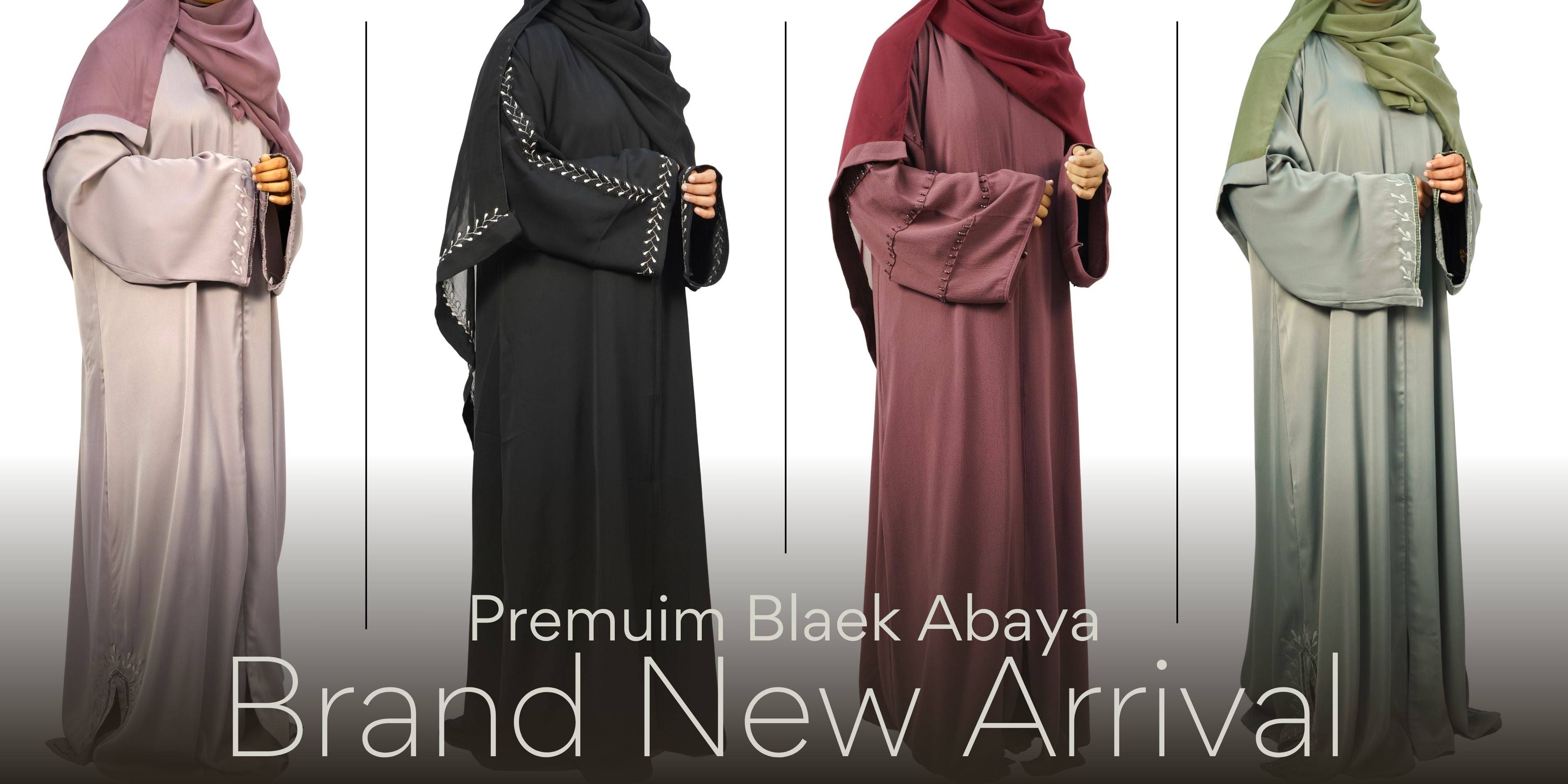 A promotional banner from Blaek showcasing a variety of four black abayas, each with distinct features.