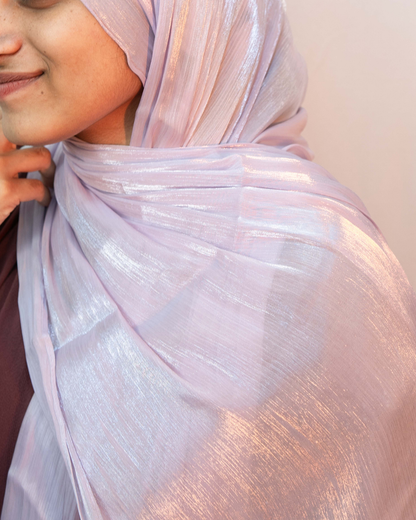Close side view blush pink shimmer hijab lightweight elegant modest fashion scarf