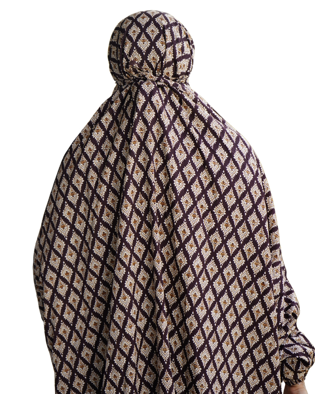Back view of brown floral khimar style prayer dress with tie-back and full coverage.